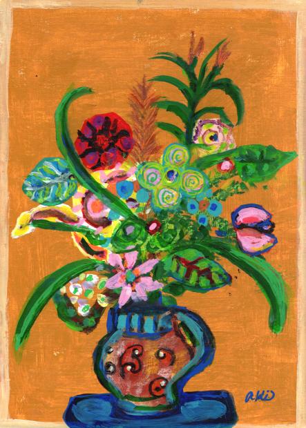 花の絵画をミクストメディアで描いた秋永清二の花の絵「山吹色の背景の