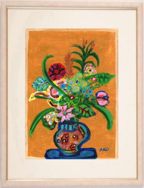 花の絵画をミクストメディアで描いた秋永清二の花の絵「山吹色の背景の