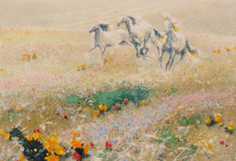 馬の絵をシルクスクリーンの版画で制作したフーチーチュンの馬の絵「カリフォルニアの春」を通販で販売