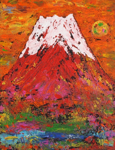富士山の絵画をミクストメディアで描いた琳屋の富士山の絵「紅富士」をご購入