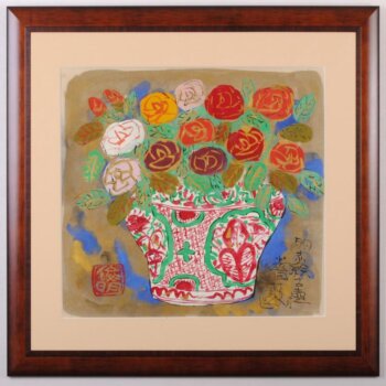 渡辺俊明 明赤絵古壺に薔薇図